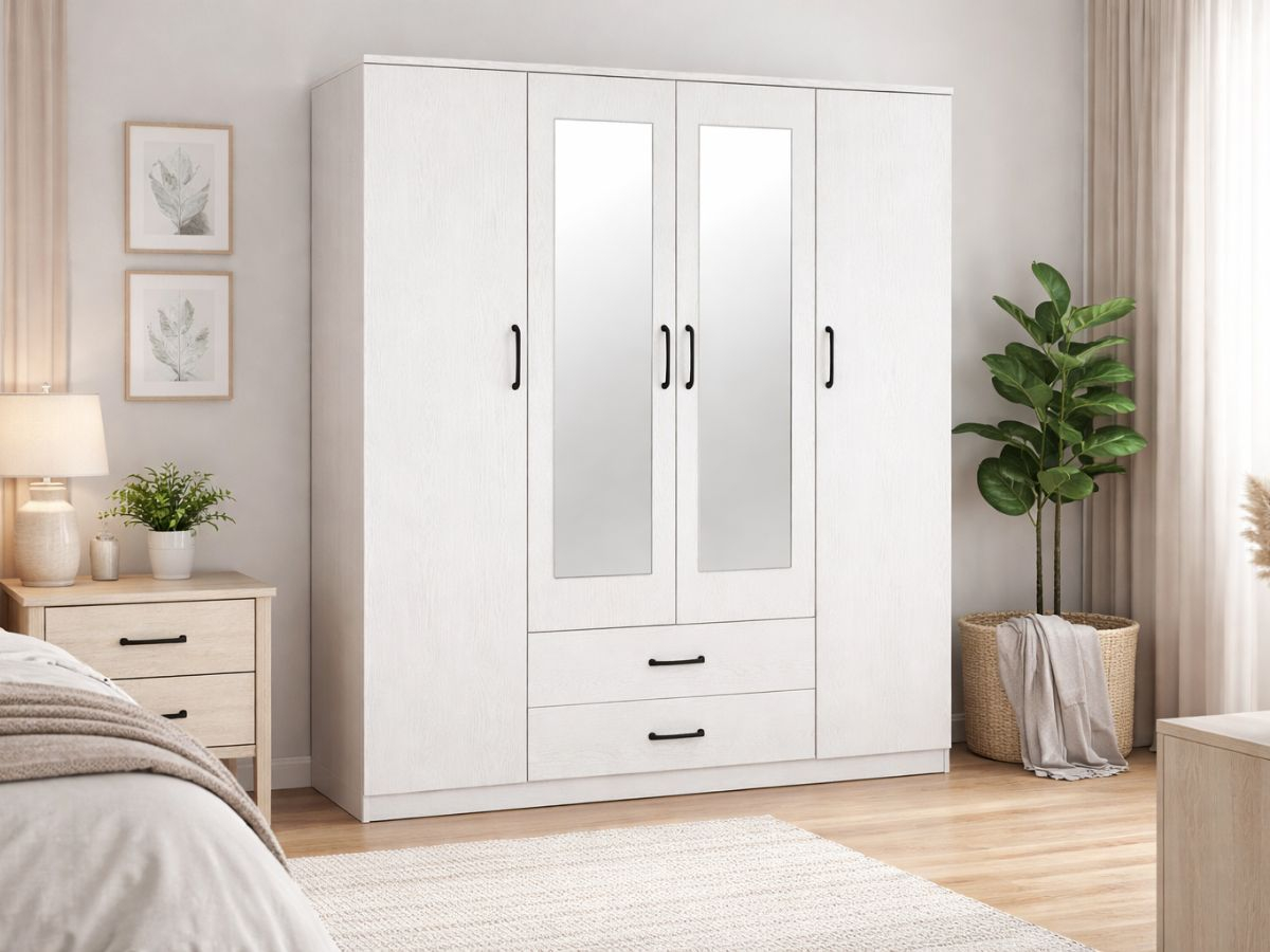 Armoire 4 portes avec miroir Valentina blanc | PROCONFORT