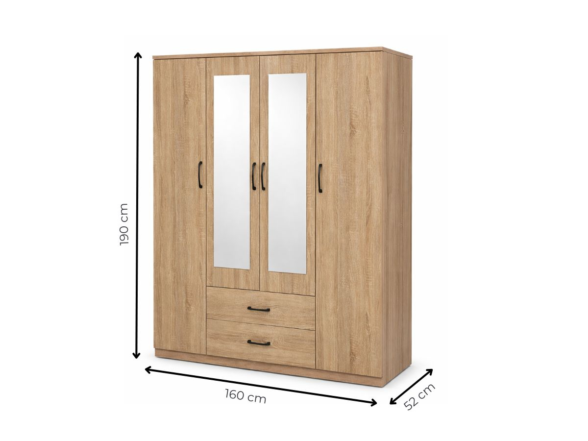 Armoire 4 portes Valentina Chêne + Miroir pas cher | PROCONFORT