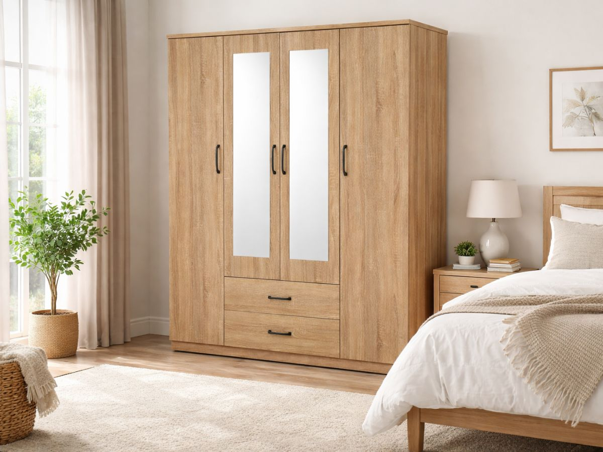 Armoire 4 portes Valentina Chêne + Miroir pas cher | PROCONFORT