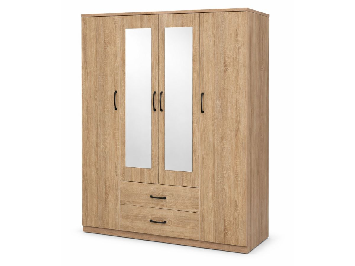 Armoire 4 portes Valentina Chêne + Miroir pas cher | PROCONFORT