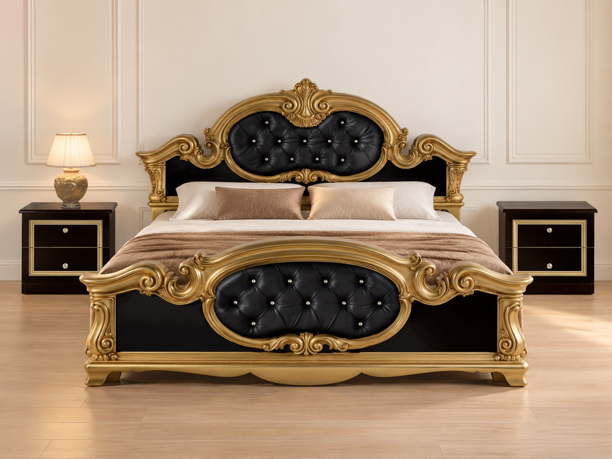 Ensemble 2 chevets et Lit Barocco 160 noir brillant et or pas cher | Meubles Ubaud