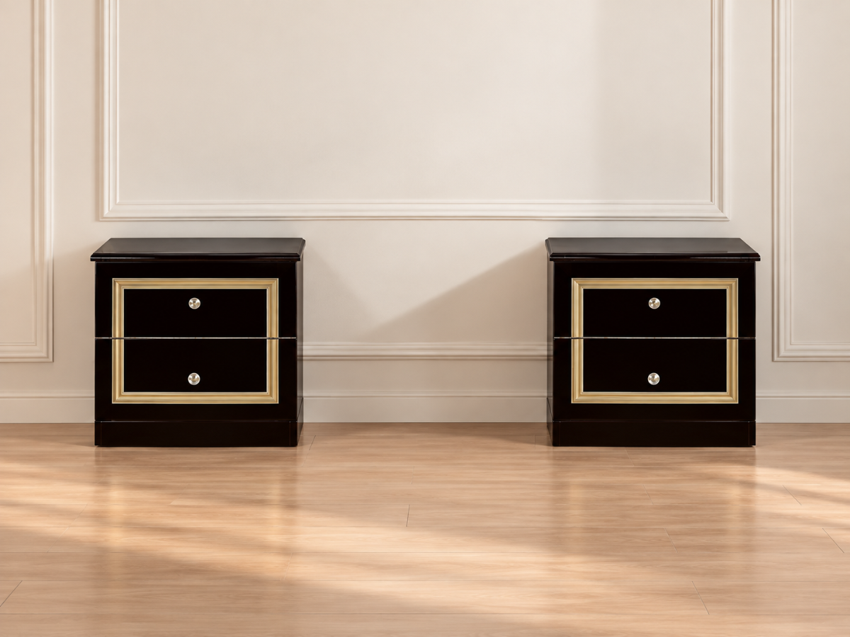 Ensemble 2 chevets et Lit Barocco 160 noir brillant et or pas cher | Meubles Ubaud