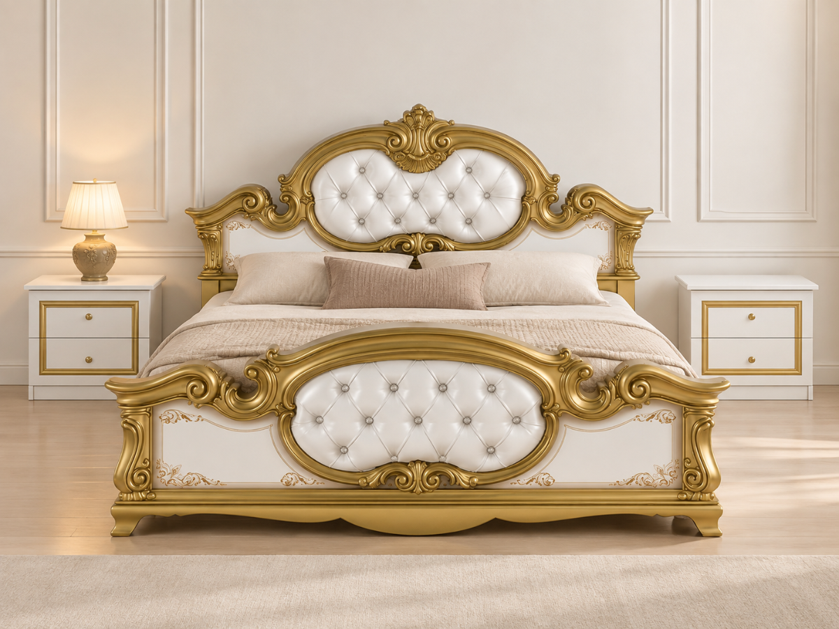 Ensemble 2 chevets et Lit Barocco 160 noir brillant et or pas cher | Meubles Ubaud