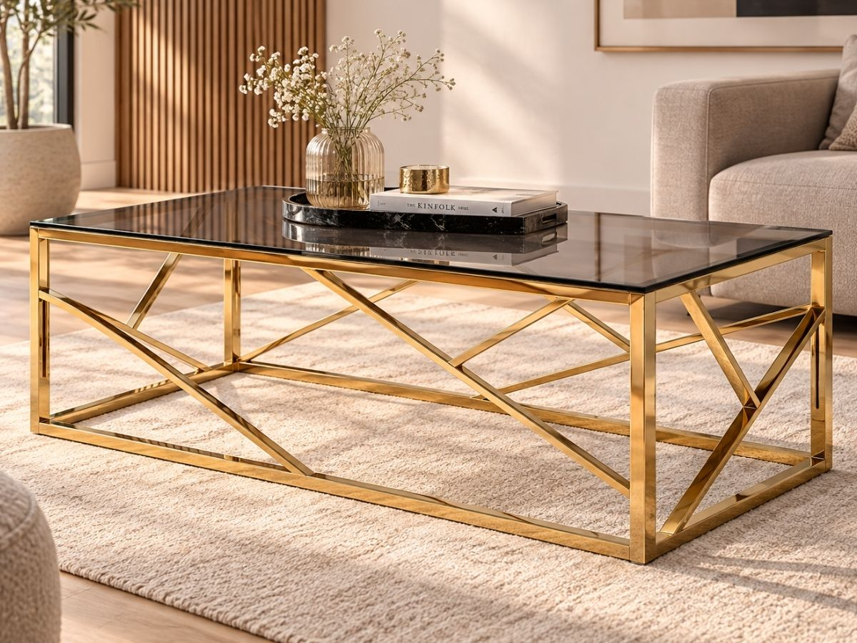Table basse PARIS Or en verre trempé noir et métal | PROCONFORT