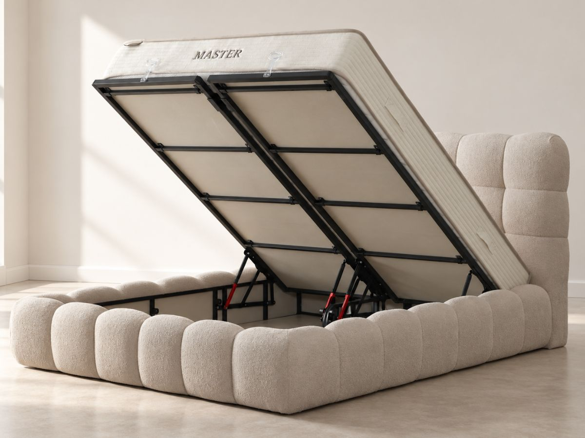 Ensemble sommier coffre Bubble LUNA avec tête de lit beige | PROCONFORT
